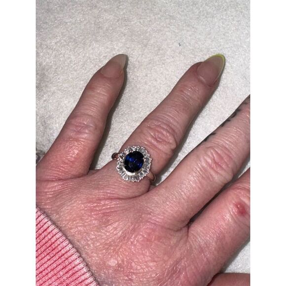Oval Blue Sapphire Halo Ring  Classic Style Sterling silver size 7 - Picture 6 of 9